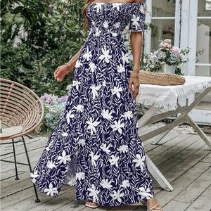 Blue and white flowered maxi dress